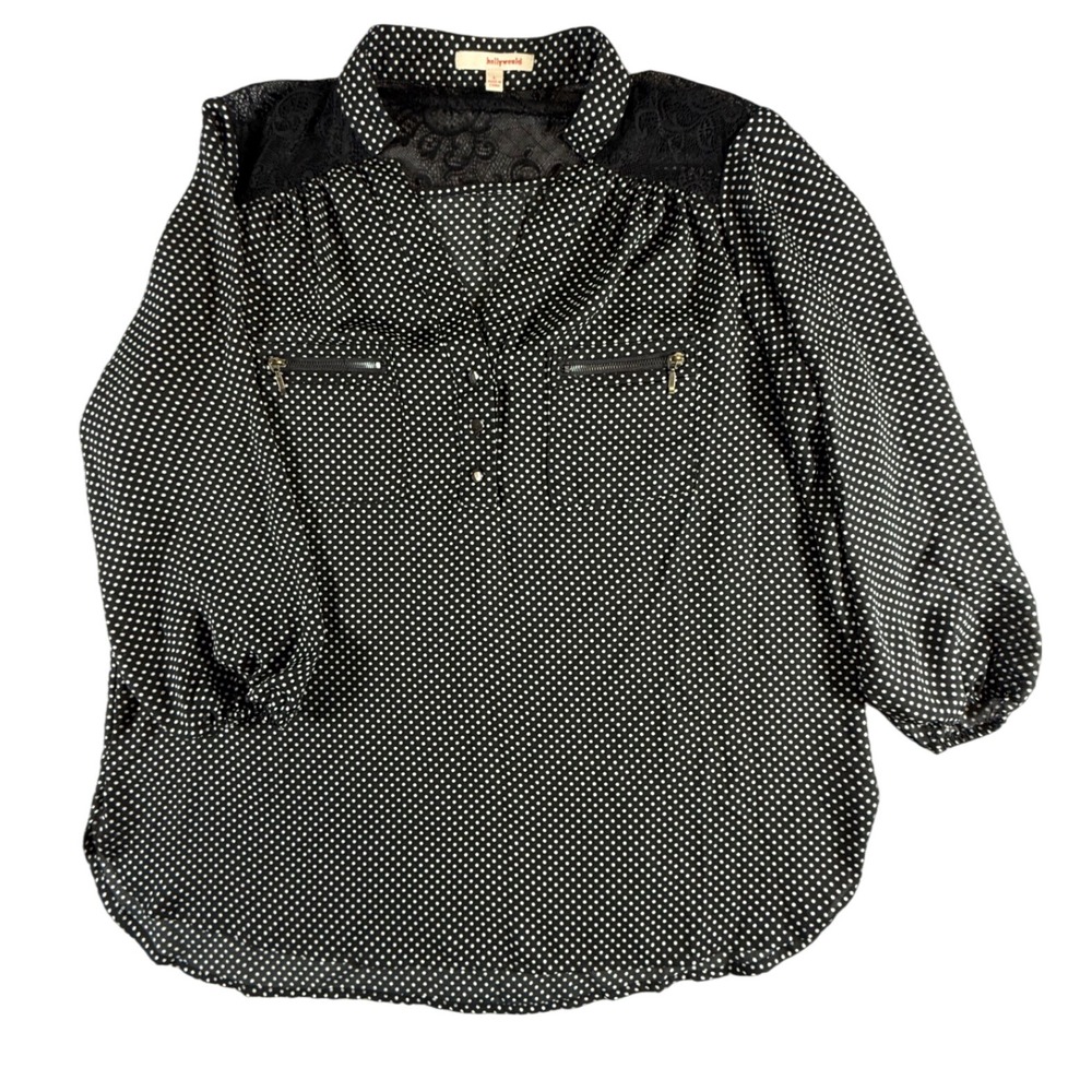 Holly would Women's L Black White Polka Dot with lace 3/4 Sleeve Blouse Collared